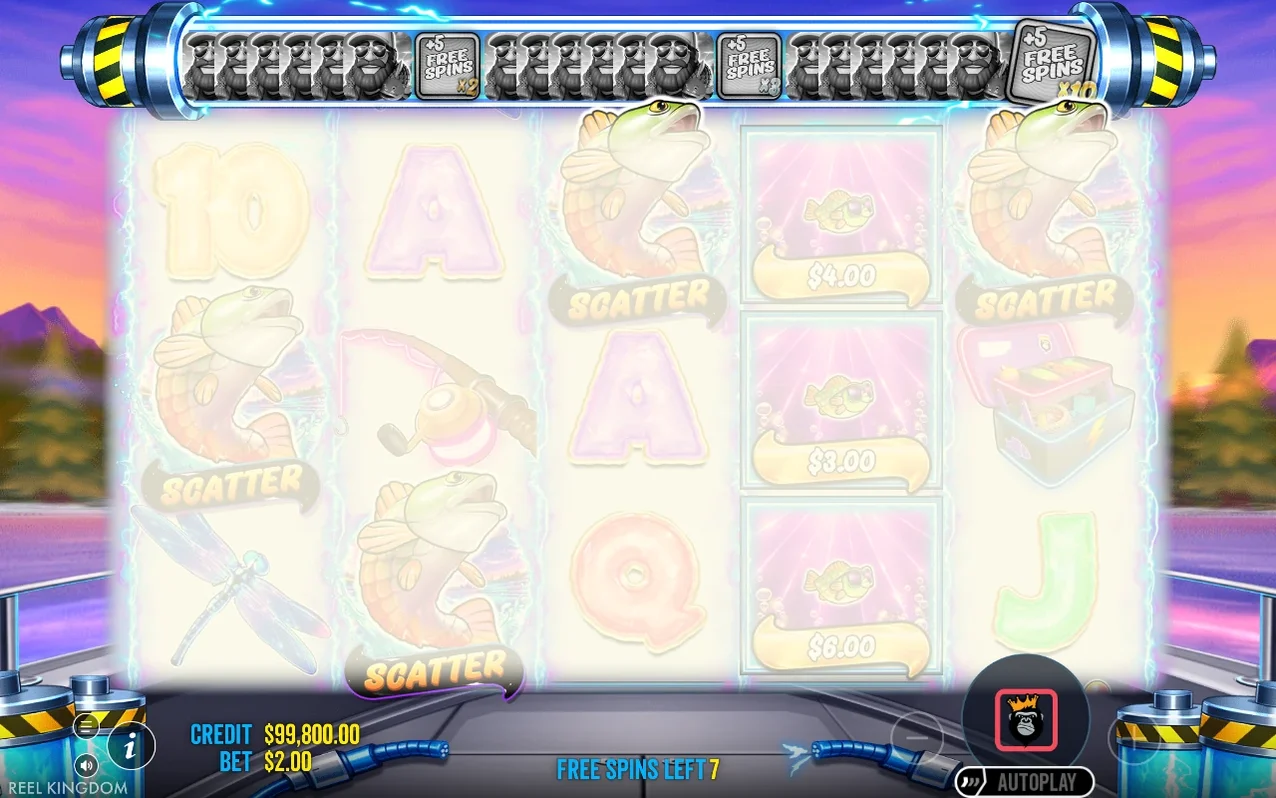 Faded transition frame shows Scatter fish symbols and Money tiles $4.00, $3.00, $6.00, Free Spins Left 7.