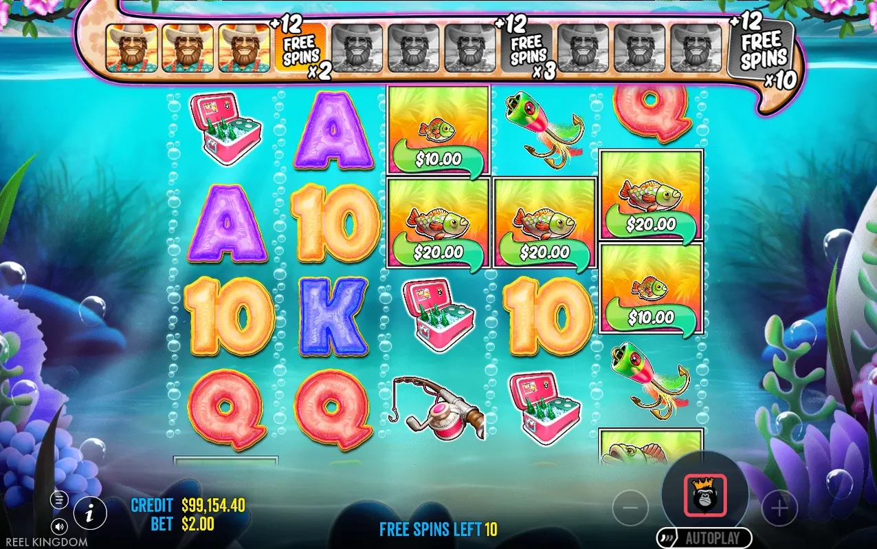 Free spins reels show fish values $10.00 and $20.00 with top bar +12 markers at x2, x3 and x10 levels.