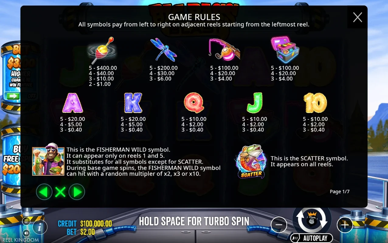 Game Rules page 1/7 lists payouts for Bobber, Dragonfly, Rod, Tackle Box, royals, Fisherman Wild and Scatter.