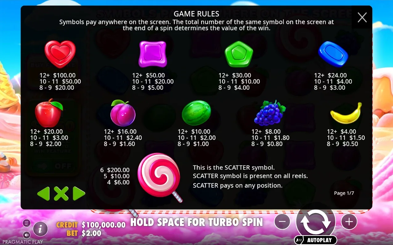 Paytable page 1/7 shows 12+, 10-11 and 8-9 payout tiers for heart, jelly, fruit symbols and scatter lollipop at bet $2.00