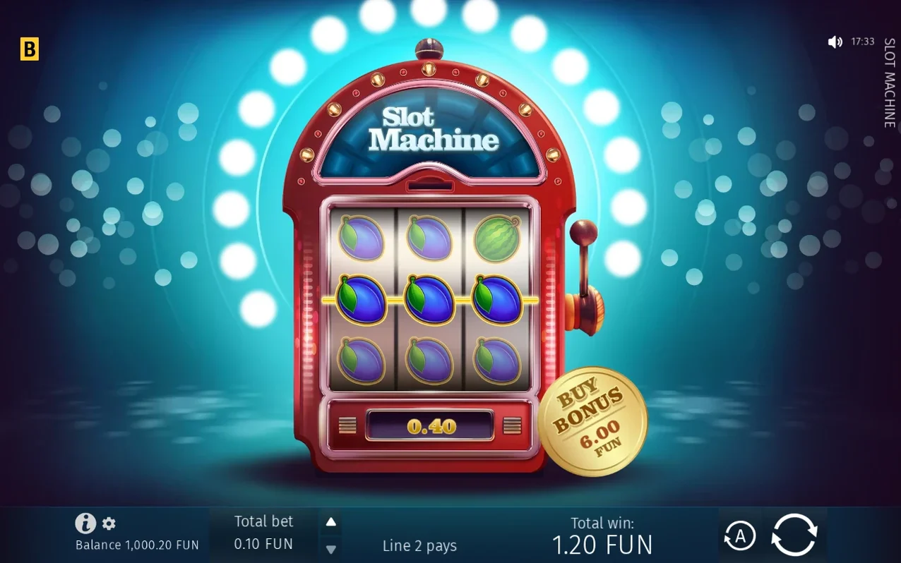 Reels fill with blue plum symbols; Line 2 pays 0.40 FUN, Total win reads 1.20 FUN at 0.10 bet.