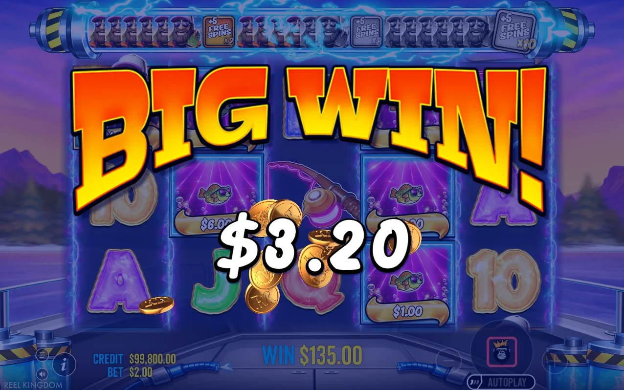 BIG WIN $3.20 overlay above Money tiles $6.00 and $1.00, running WIN $135.00 shown below reels.