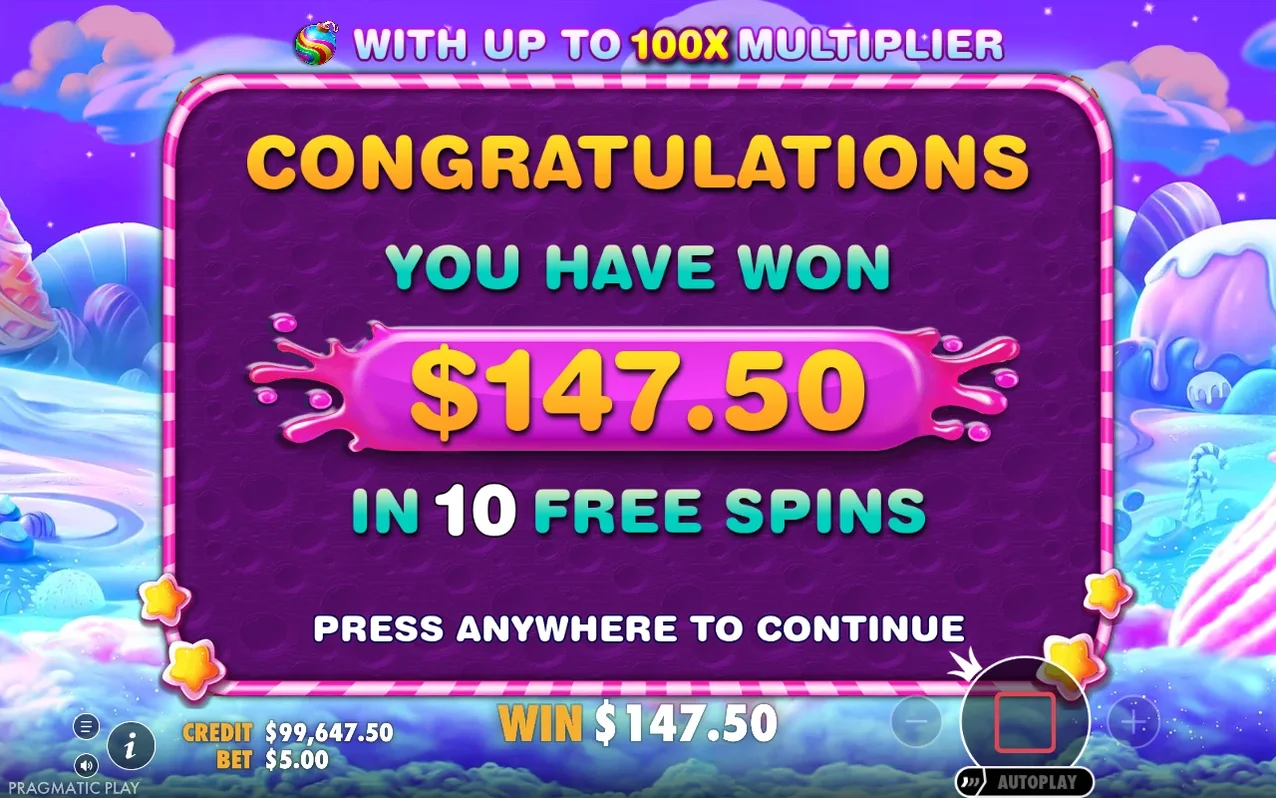 Congratulations screen reports a $147.50 total win across 10 free spins, up to 100x multiplier noted above