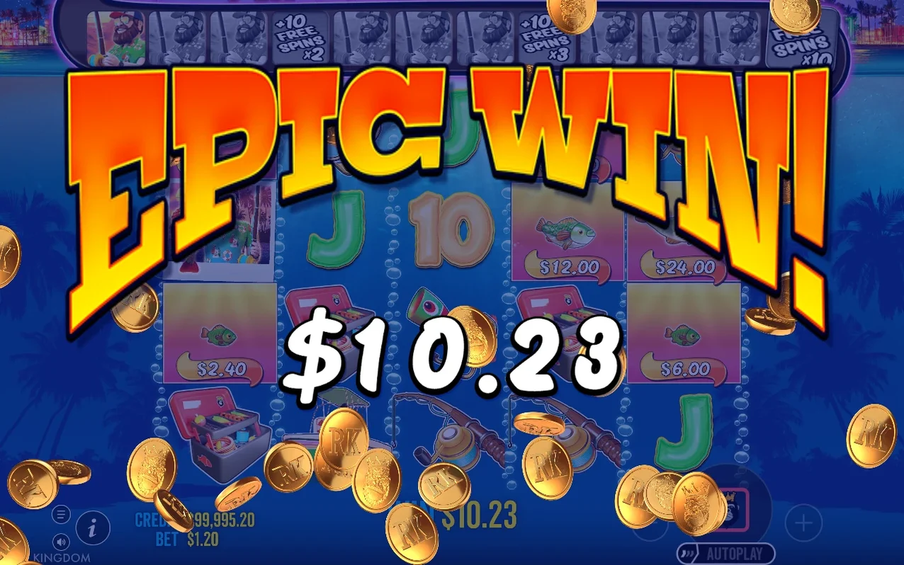 Epic Win banner overlays $10.23 as gold coins fall over fish tags worth $12.00, $24.00, and $6.00.