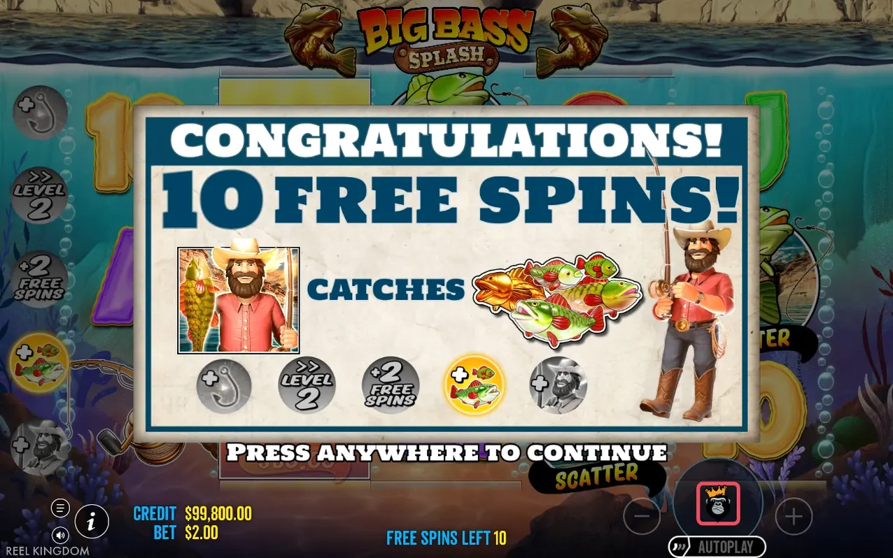 Congratulations popup announces 10 free spins with fisherman and fish catches icons shown