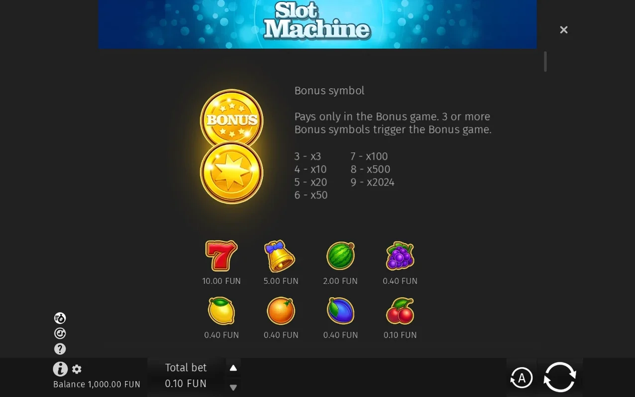 Bonus coin symbol info shows multiplier ladder 3-x3 up to 9-x2024, above seven, bell and fruit payouts.