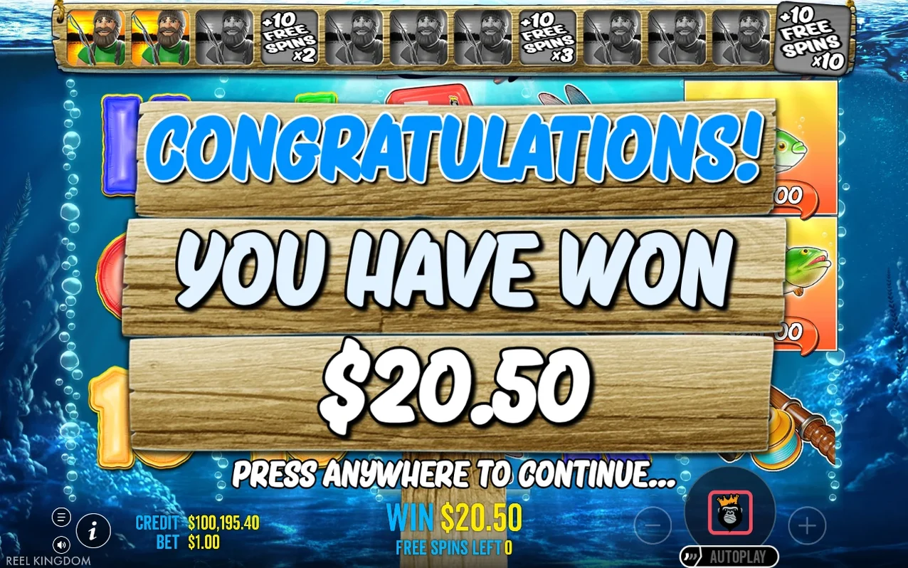 Congratulations popup reads YOU HAVE WON $20.50, tracker shows one filled wild slot, free spins left 0.