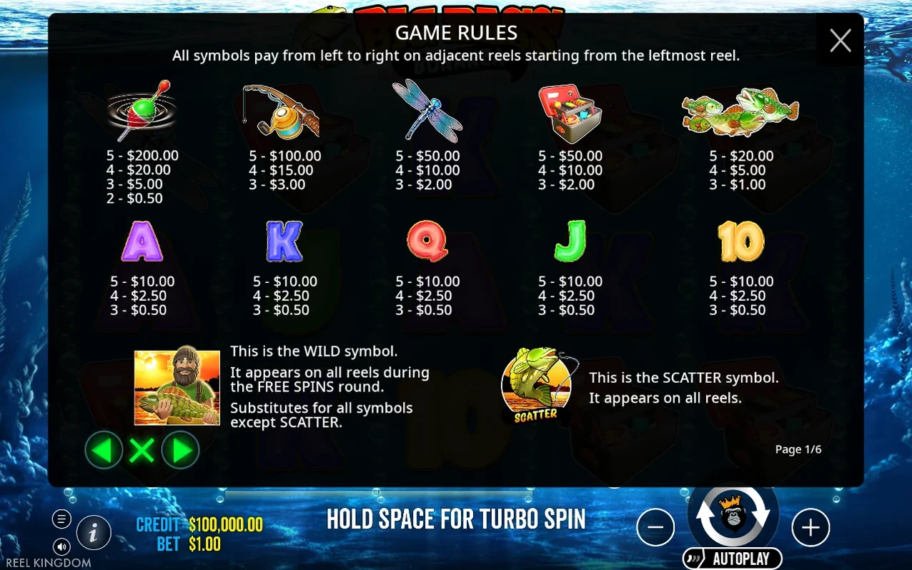 Paytable page 1 of 6 shows lure, rod, dragonfly, tackle box, and fish payouts alongside wild and scatter symbols.