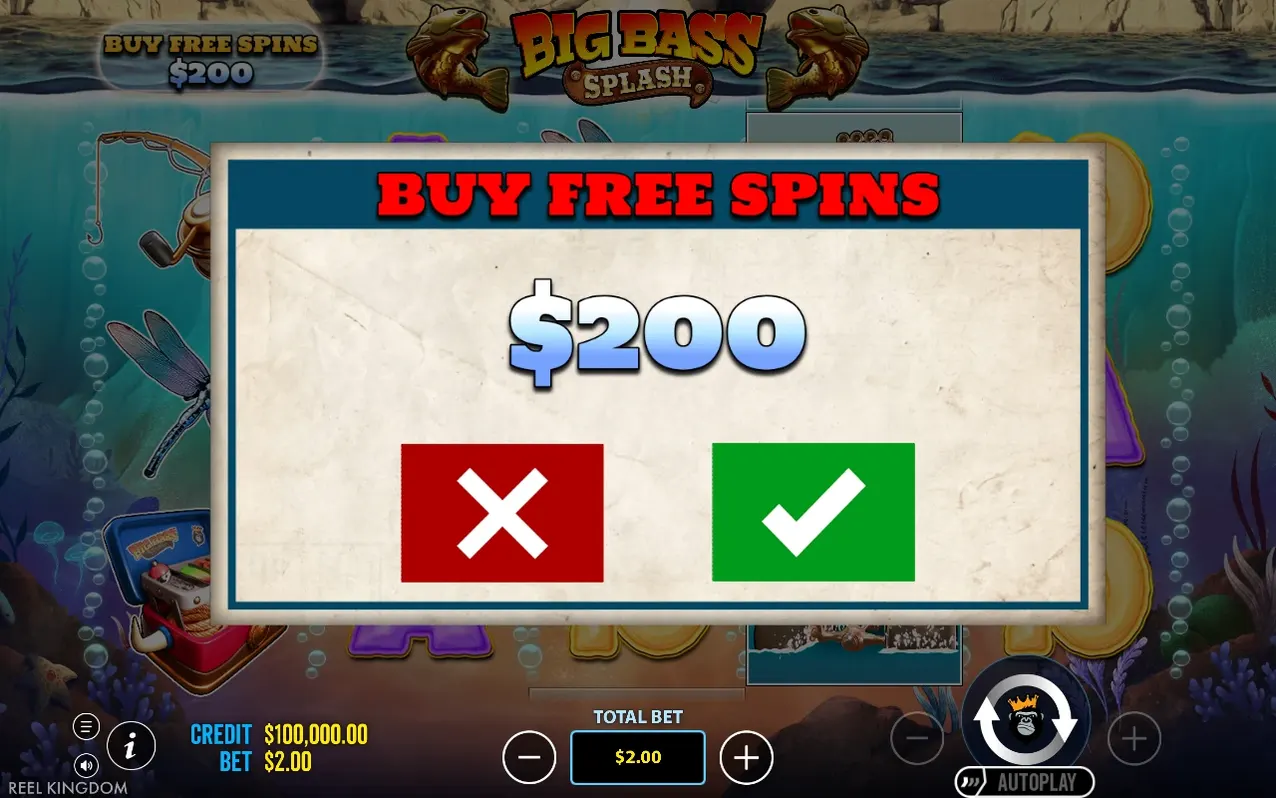 Buy Free Spins confirmation popup shows $200 price with red X and green check buttons