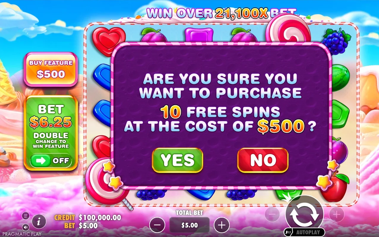 Confirmation popup asks whether to spend $500 buying 10 free spins, with green YES and red NO pills