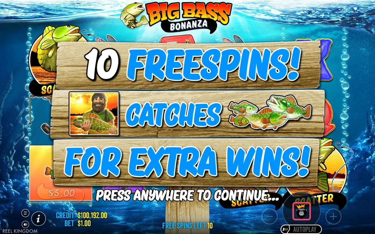 10 FREESPINS banner shows fisherman holding fish beside three jumping bass icons, 10 free spins left.