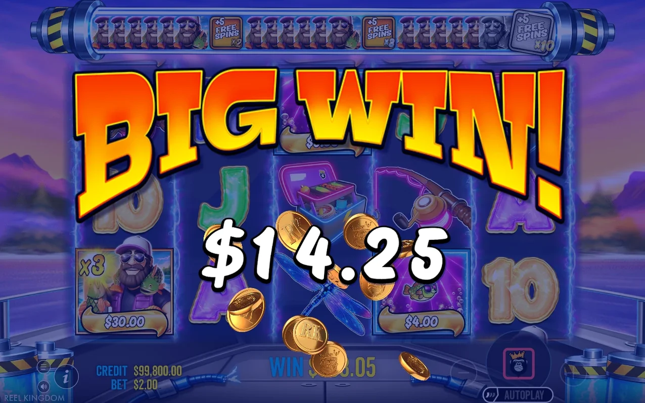 BIG WIN $14.25 overlay beside Fisherman Wild x3 holding a $30.00 tile and a $4.00 Money tile.