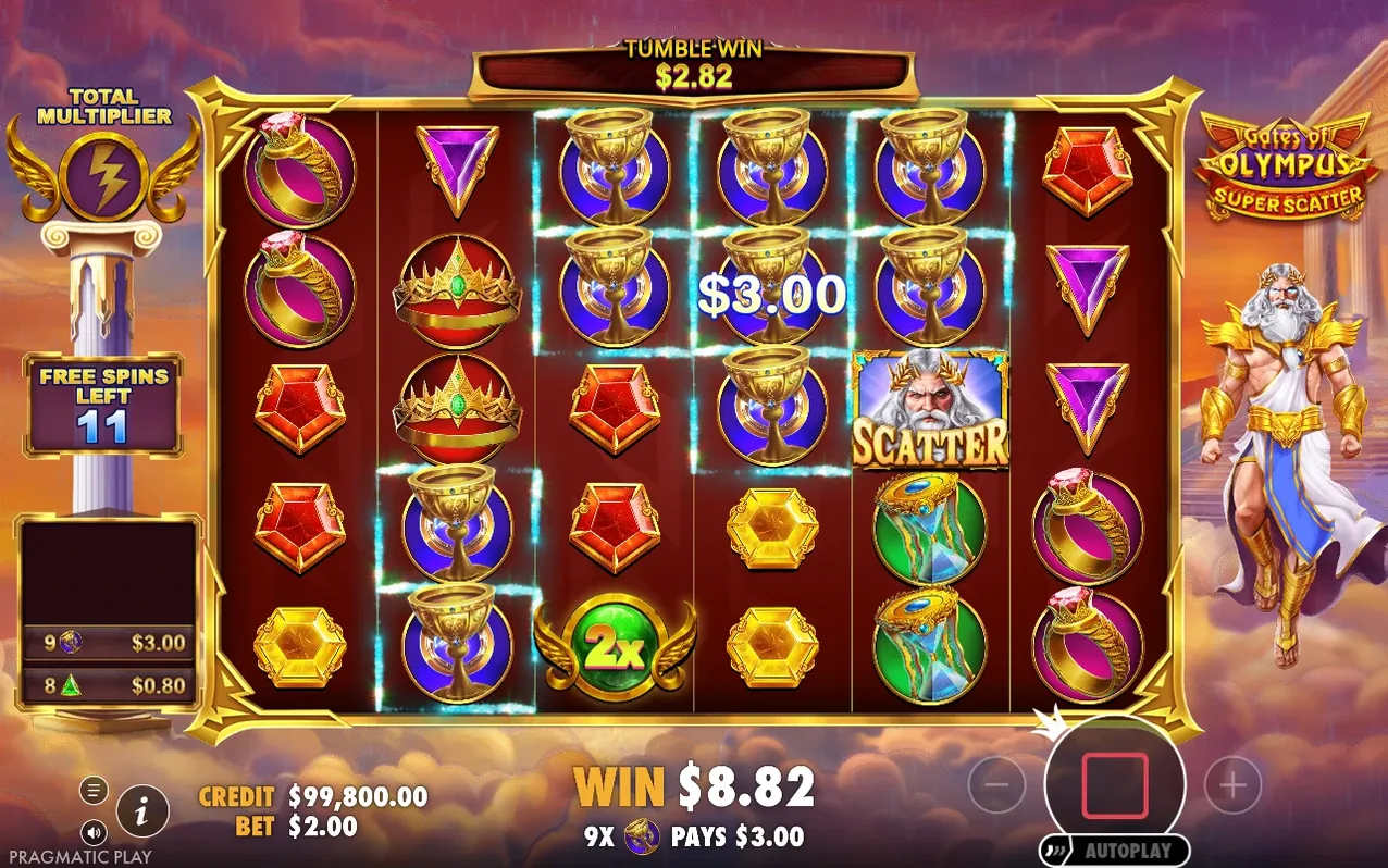Free Spins grid shows Scatter beside a 2x orb, tumble win $2.82, 9x pays $3.00, total $8.82, 11 spins left.