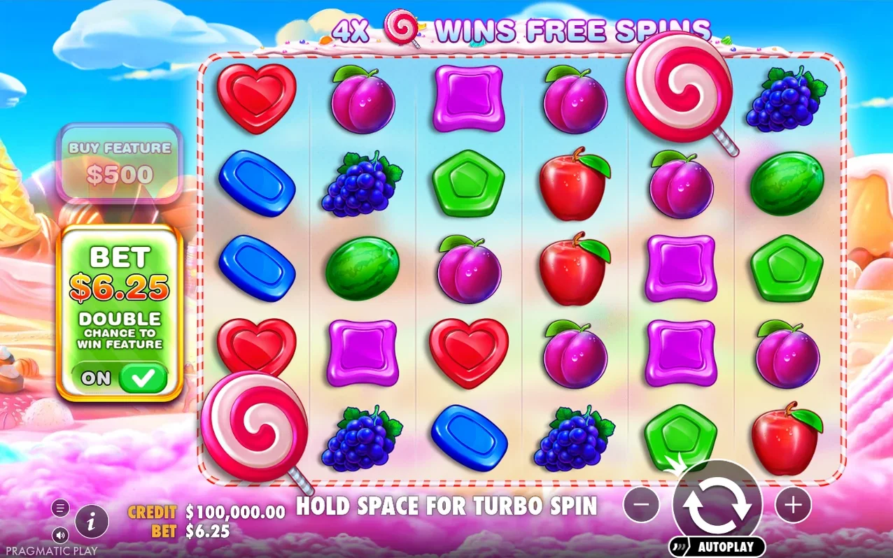 Base game grid with Ante Bet on at $6.25, banner declares 4X lollipop symbol triggers free spins