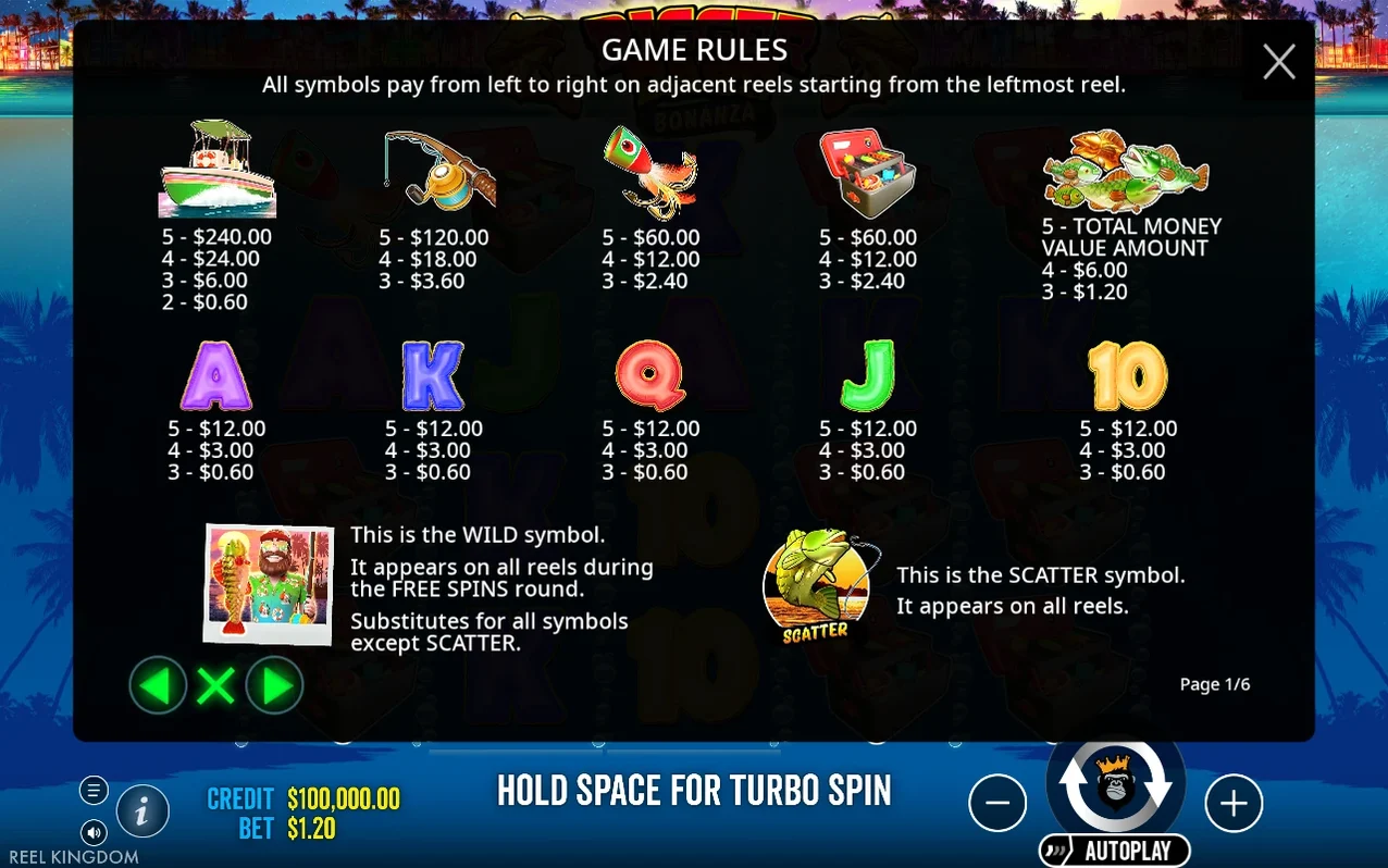 Game Rules page 1/6 lists payout values for the boat, rod, lure, tackle box, money fish, wild and scatter symbols.